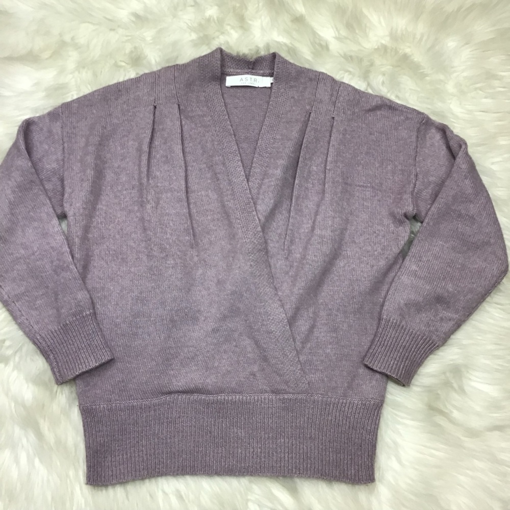 ASTR Label Sweater Wrap Surplice V-Neck Pleated Long Sleeve Violet Wool Blend XS